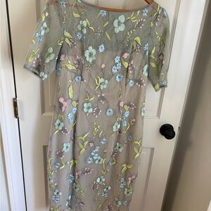 Adrianna Papell Gray Midi Dress with Floral Embroidery